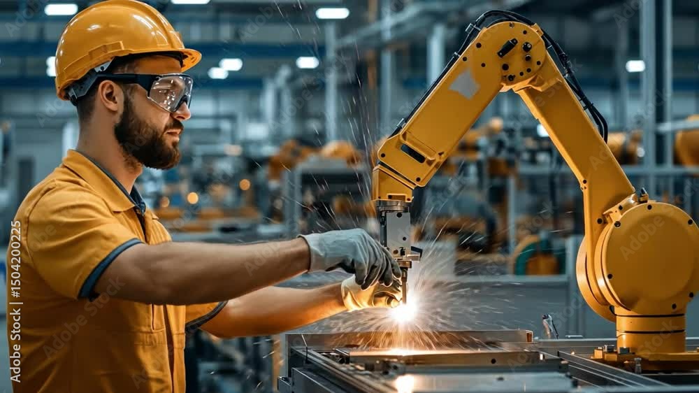 Poster a man working with a robot arm in an industrial setting