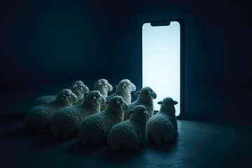 A group of sheep staring at a glowing smartphone screen in a dark environment. Metaphor for digital dependence, herd behavior, and mindless media consumption. Conceptual artwork on modern technology a