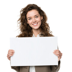 A woman holding a sign with copy space, smiling naturally, white background, real photo, stock photography
