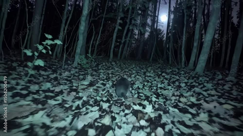 Poster night vision video of a forest with a low-angle view, capturing dense trees and foliage, creating a 