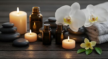 White orchid next to candles, stones, and essential oils (spa setting).
