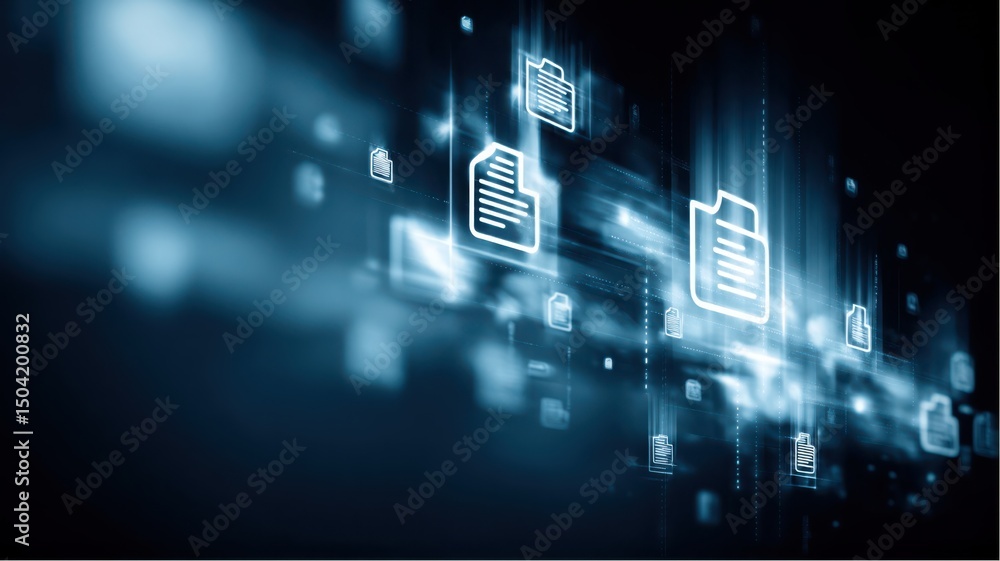 Poster floating document icons represent data transfer and file management on dark blue
