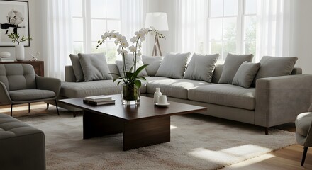 Real estate staging: living room with orchid centerpiece.