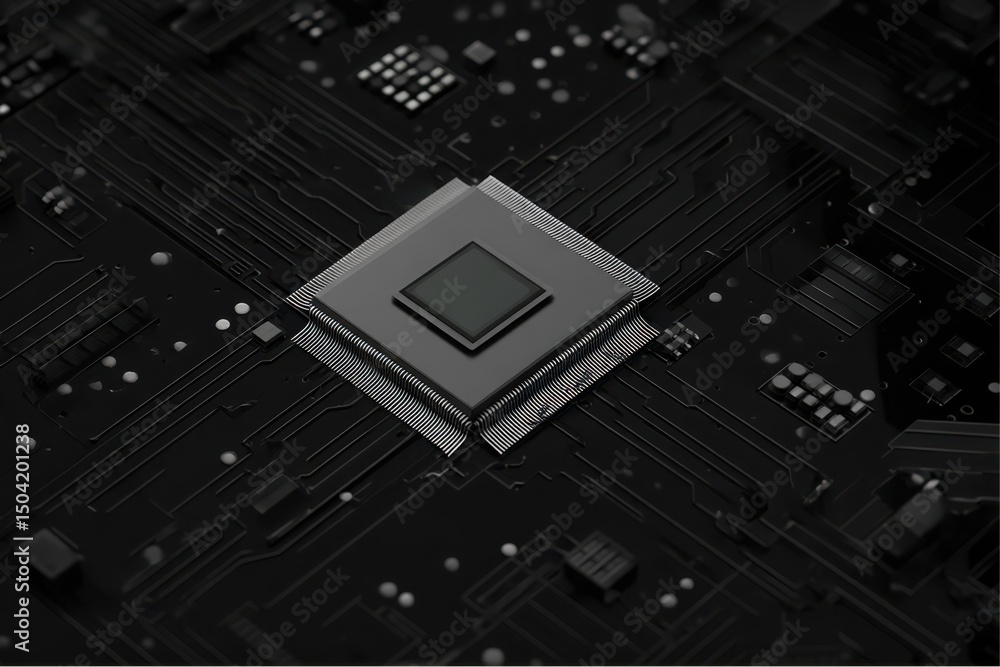 Poster close up of central processing unit on a dark motherboard with electronic circuit components