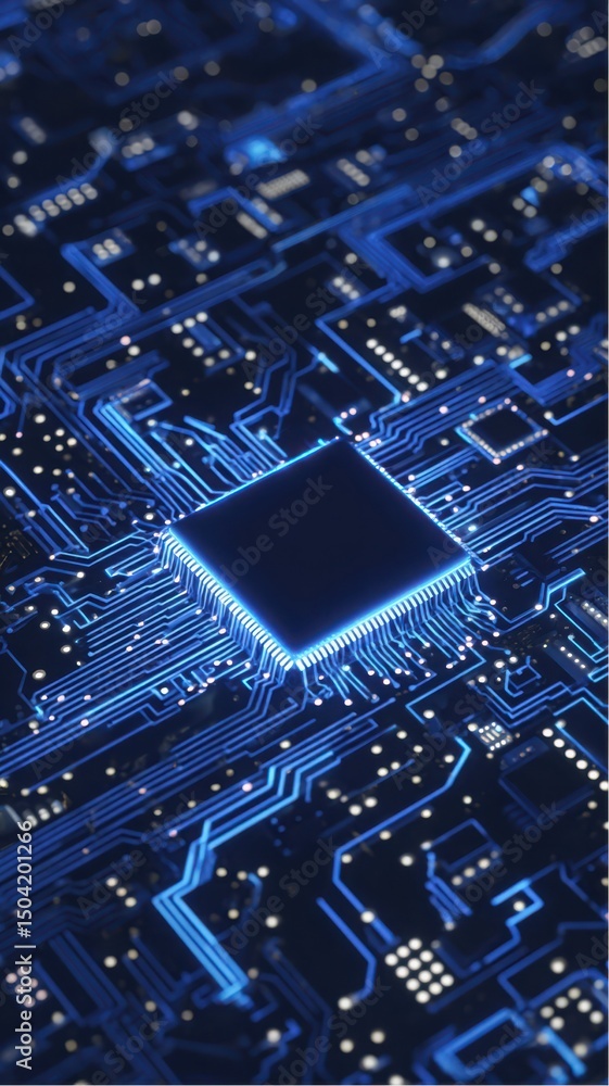 Aufkleber modern glowing blue computer microchip board showing complex circuitry at night