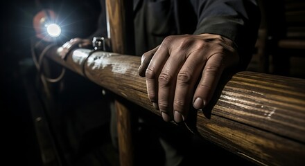 Obraz premium Miner's hands grip wooden beam illuminated by headlamp in dark underground mine shaft