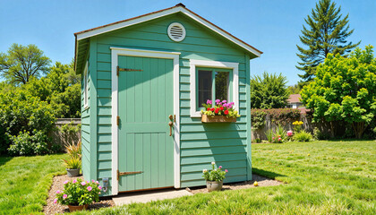 Colorful garden shed with flowers in a bright backyard setting  