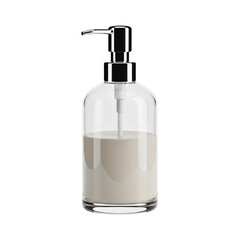 Clear glass soap dispenser with neutral colored soap isolated on transparent background