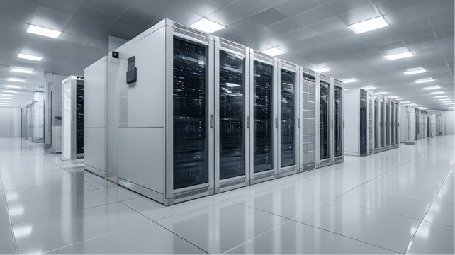 Modern data center room with rows of server racks, illuminated with white lights, on clean white tile floor