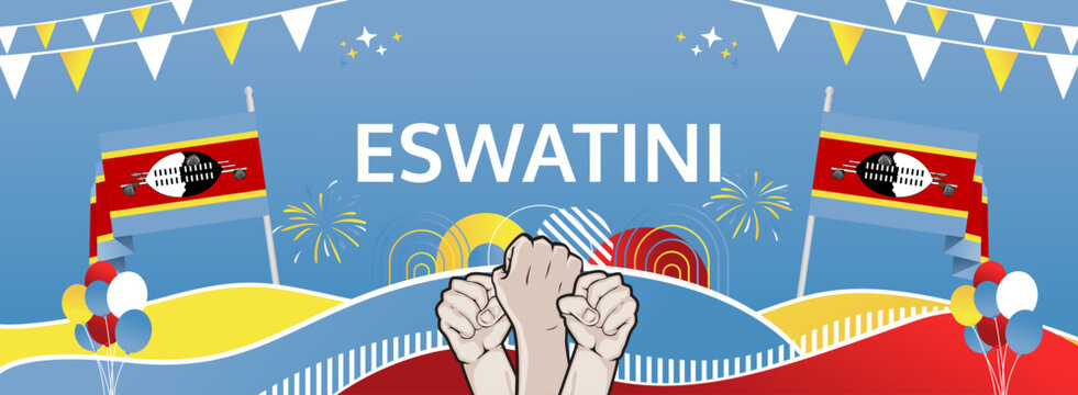 Eswatini Independence Day modern greeting banner. 6 September Happy National Somhlolo Day. Festive horizontal templates in flag colors, great for carnival poster, tourism campaign, holiday flash sale