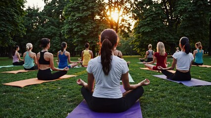 A serene video captures a group practicing yoga outdoors at sunset. Shot from behind at a low angle, it highlights unity and tranquility. - Powered by Adobe
