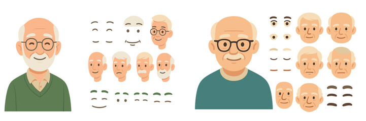 Elderly man with various facial expressions illustrated for character design and emotion representation in animation