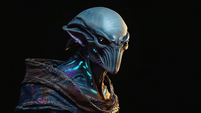Portrait of aliens or extraterrestrial creatures over black background, 4k video