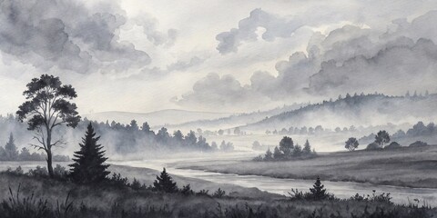 Misty Monochrome Abstract Landscape with Cloudy Sky on Textured Paper V5