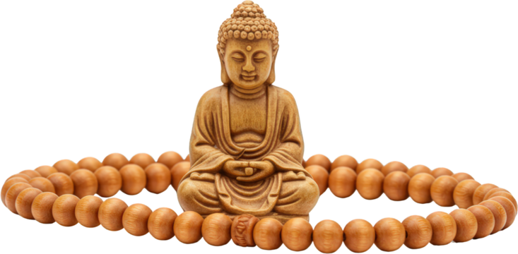 Serene Wooden Buddha Statuette with Prayer Beads Meditation Spirituality Tranquility - Powered by Adobe