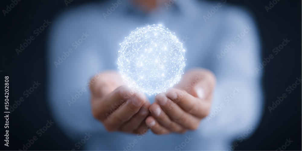 Poster man holds glowing orb of interconnected nodes in cupped hands