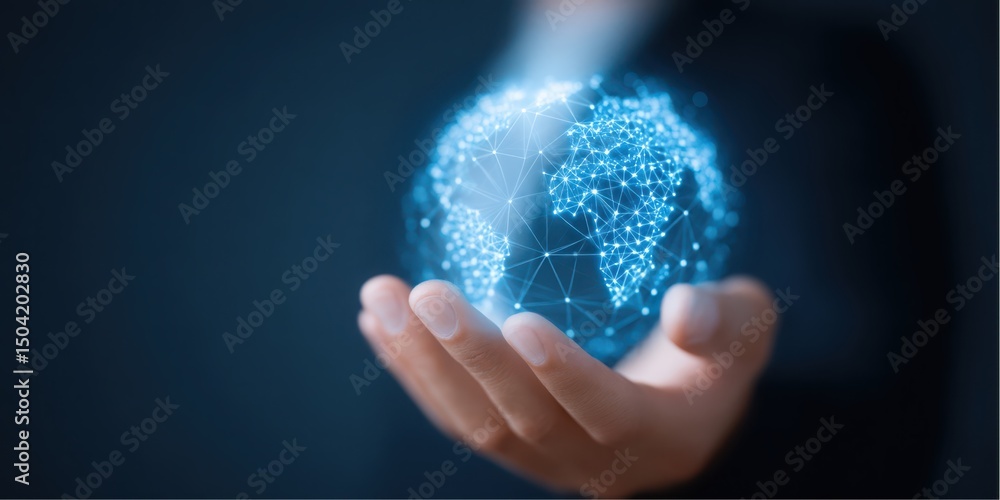 Poster man holds illuminated digital globe in palm symbolizing global network
