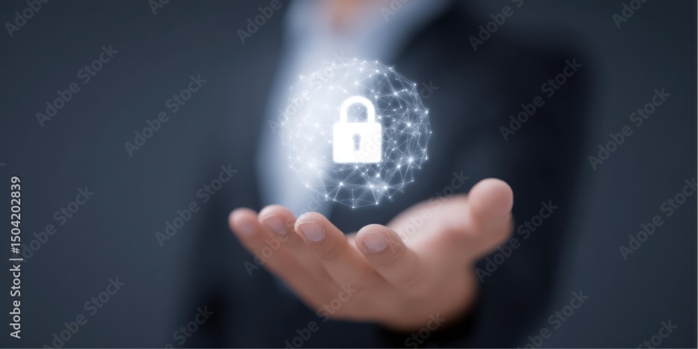 Poster man presents a padlock icon over an open hand, symbolizing data security
