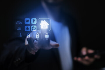 Business person using digital dashboard of smart home app for control home appliances. Technology assistant for smart devices, intelligent house or smart home technology.