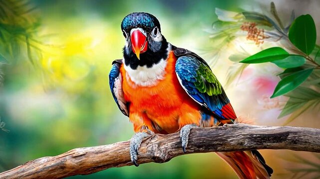 A vibrant parrot perching on a branch, showcasing its colorful plumage against a lush background. The image highlights the bird's beauty and the harmony of nature