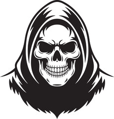 Grim Reaper Skull silhouette in Hood – Dark Gothic Skull Vector Illustration | Stylized Grim Reaper Skull Illustration in Hooded Cloak on White Background