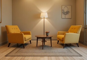 Living room interior design with yellow armchairs, floor lamp, and round coffee table decor ideas