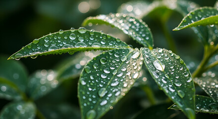 Glistening Gems: Dew Drops on Verdant Leaves