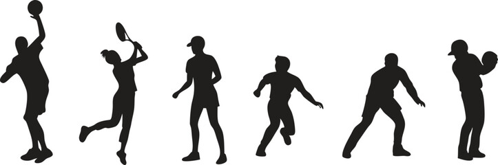 Scalable silhouettes of athletes playing various sports basketball tennis soccer for logo design and branding