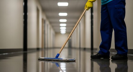 Professional cleaning service worker mopping floor in long hallway for hygiene maintenance