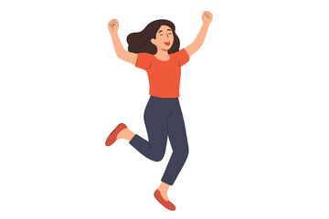 Joyful woman jumping with excitement in casual clothing against a white background