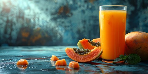 Close up of fresh organic papaya slices and glass of juice refreshing healthy tropical fruit beverage