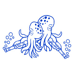 2 octopus flute music play bubbles two band team Isolated Vector Graphic Design Illustration
