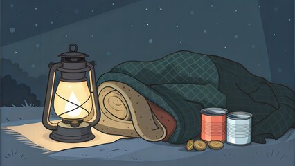 A cozy campsite at night with a blanket, lantern, canned food, and coins under a starry sky.