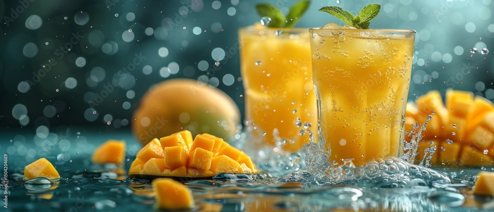 Poster dynamic splash of fresh mango juice creating vibrant waves and droplets in motion