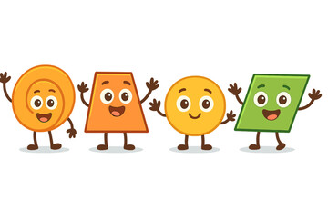 Colorful shapes with smiling faces enjoying a playful moment together in a cheerful setting