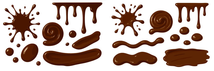 Chocolate splatters and drizzles create artistic patterns on a white background