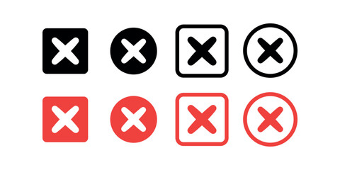 Flat cross symbol set inside a circle or square. Simple illustration vector design. Black and red colors.