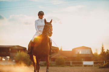 Woman rider jockey in helmet and white uniform preparing horse racing