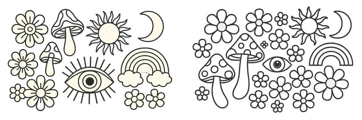 Colorful nature illustrations featuring flowers, mushrooms, and celestial elements in a whimsical design © Mark