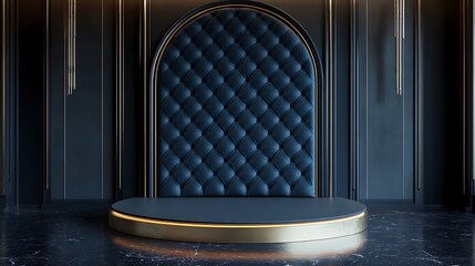Luxurious blue stage with diamond patterned backdrop and golden accents for presentation