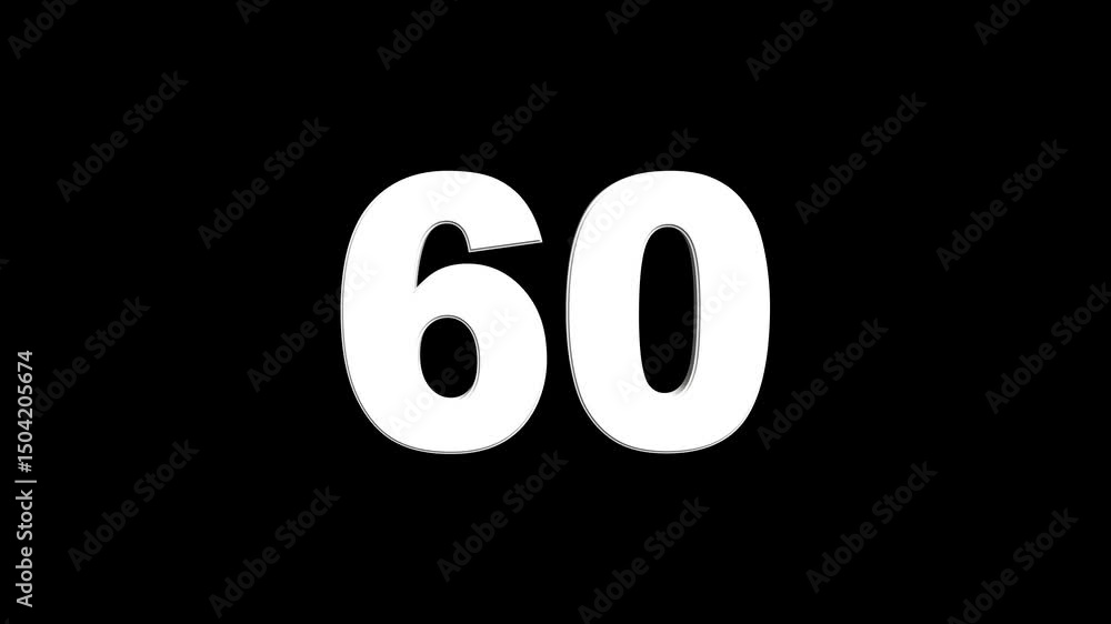 Fototapete 3d animation of white english numbers 60 on a black background. glowing text 60 number countdown ico