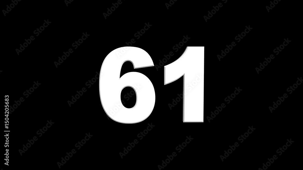 Fototapete 3d animation of white english numbers 61 on a black background. glowing text 61 number countdown ico