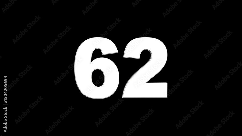 Fototapete 3d animation of white english numbers 62 on a black background. glowing text 62 number countdown ico