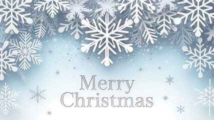 Merry Christmas greeting card with elegant white snowflakes on a light blue background.