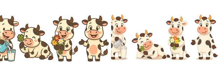 Cute cartoon cows engaging in various farm activities throughout the day in a bright, cheerful setting