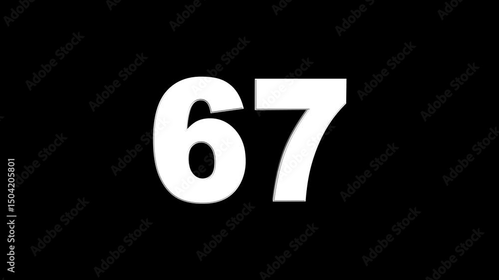 Fototapete 3d animation of white english numbers 67 on a black background. glowing text 67 number countdown ico