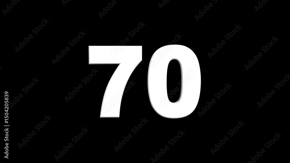 Fototapete 3d animation of white english numbers 70 on a black background. glowing text 70 number countdown ico