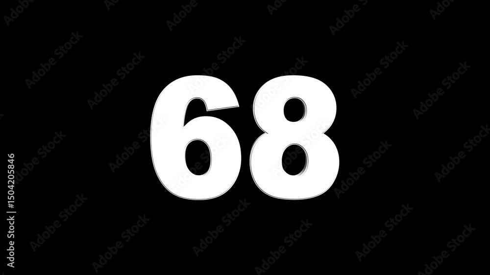 Fototapete 3d animation of white english numbers 68 on a black background. glowing text 68 number countdown ico