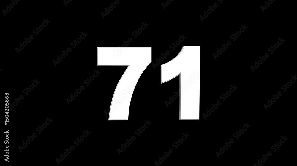 Fototapete 3d animation of white english numbers 71 on a black background. glowing text 71 number countdown ico