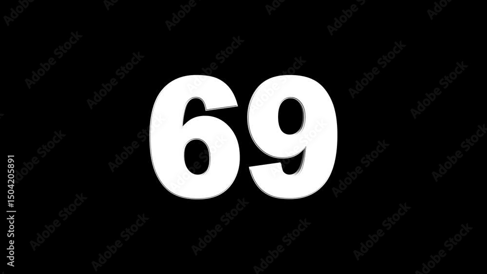 Fototapete 3d animation of white english numbers 69 on a black background. glowing text 69 number countdown ico